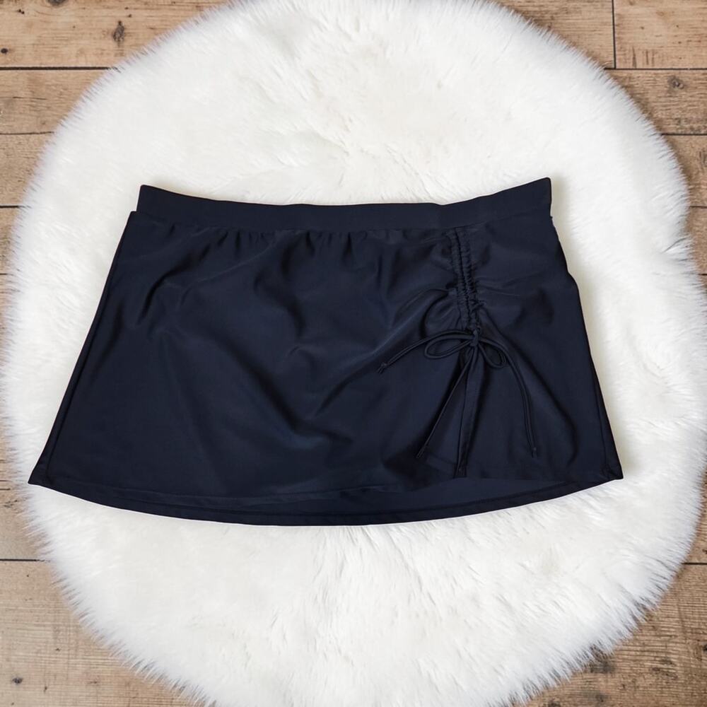 Cute Ruched Front Tie Black Swim Skirt With Attached Bottoms Swimsuit L